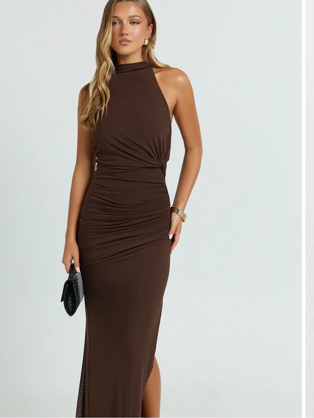 Showpo Brown High-Neck Ruched Maxi Dress